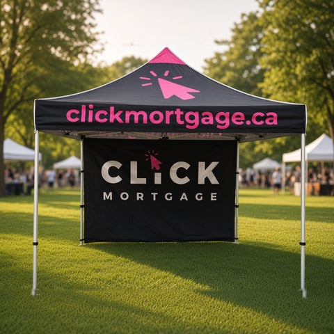Custom printed 10x10 pop up tent with back wall for Click Mortgage