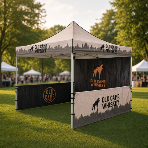 Custom printed 10x10 pop up tent with back wall and side walls for Old Camp Whiskey