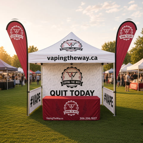 Custom printed 10x10 pop up tent with walls, table cover and flags for Vaping the Way